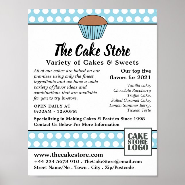 Blue Cupcake & Polka Dot, Cake Store Advertising Poster (Front)