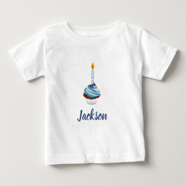 Blue Cupcake with Birthday Candle and Name Baby T-Shirt (Front)