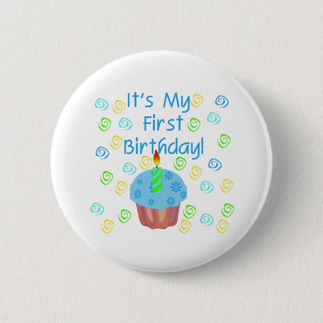Blue Cupcake with Candle First Birthday 6 Cm Round Badge (Front)