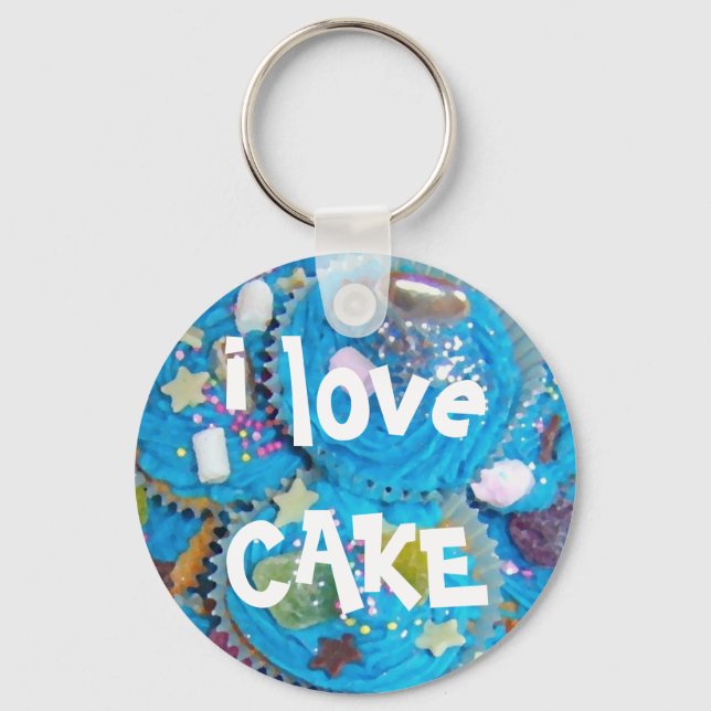 Blue Cupcakes 'i love CAKE' keychain (Front)