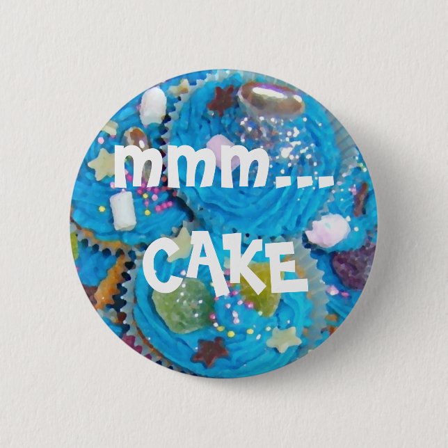 Blue Cupcakes 'mmm... CAKE' button badge (Front)