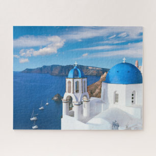 Blue Cupola Church Ocean View Oia Santorini Greece Jigsaw Puzzle