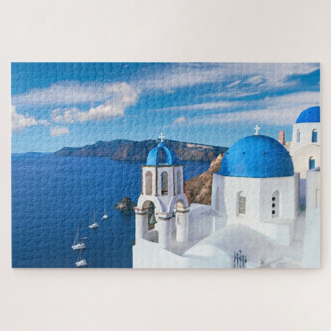 Blue Cupola Church Ocean View Oia Santorini Greece Jigsaw Puzzle (Horizontal)