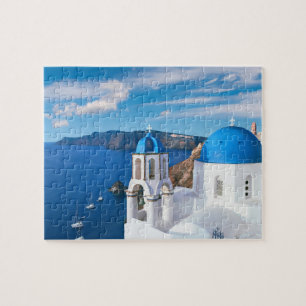 Blue Cupola Church Ocean View Oia Santorini Greece Jigsaw Puzzle