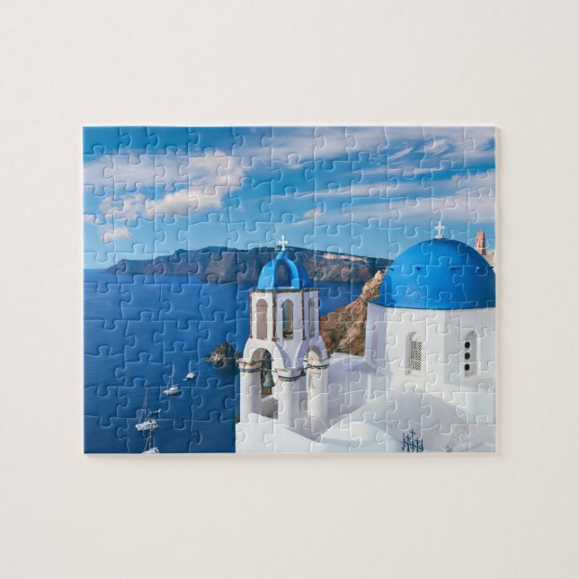 Blue Cupola Church Ocean View Oia Santorini Greece Jigsaw Puzzle (Horizontal)