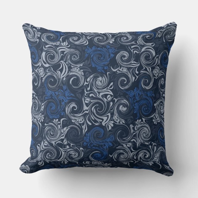 Blue Curls Vintage Floral Pattern Throw Pillow (Front)