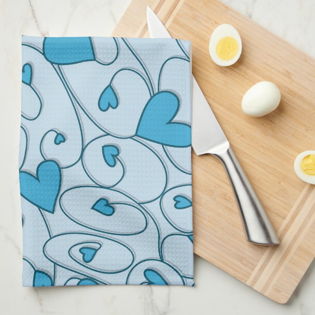 Blue curly hearts tea towel (Quarter Fold)