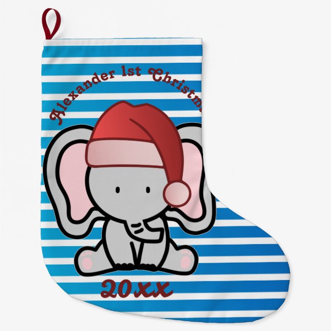 Blue Custom Baby Boy Name First Christmas 2022  Large Christmas Stocking (Front)
