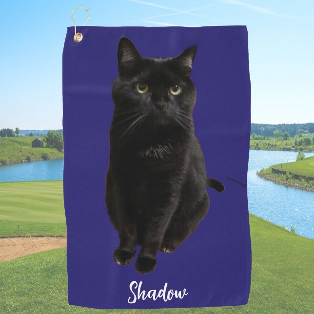 Blue Custom Black Cat Photo and Name Personalized Golf Towel (Creator Uploaded)