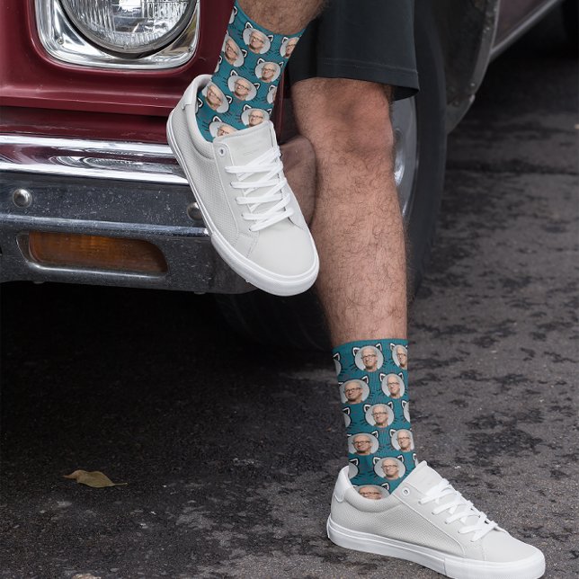 Blue Custom Boyfriend Girlfriend Photo Cat Face Socks (Creator Uploaded)