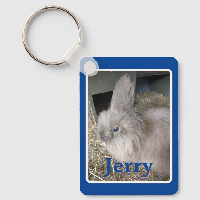 Blue Custom Bunny Photograph and Name Keepsake Key Ring (Front)