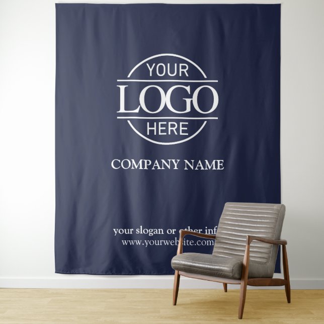 Blue Custom Business Logo Trade Show Backdrop Tapestry (In Situ)