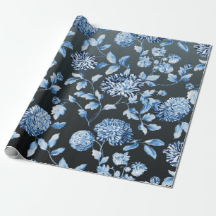 Blue Custom Colour Background Large Floral Toile Wrapping Paper