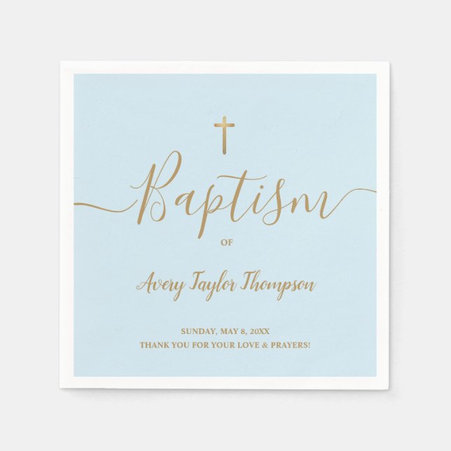 Blue custom Elegant Gold Cross Baptism Script Napkin (Front)