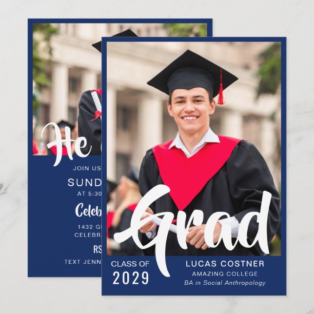 Blue Custom Graduation Announcement & Party Invite (Front/Back)