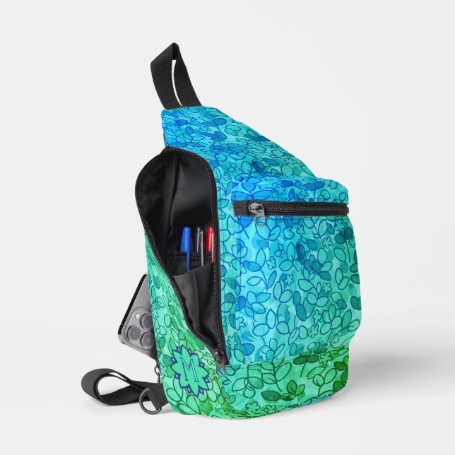 Blue Custom Leaf Cluster with Tiny Flowers Sling Bag (Open)