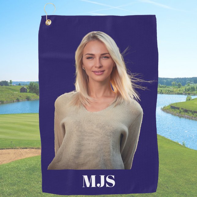 Blue Custom Monogram and Photo Personalized Golf Towel (Creator Uploaded)