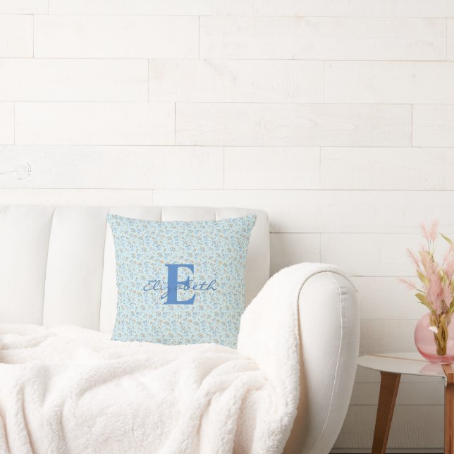 Blue Custom Monogram Boho Wildflower Pattern   Cushion (Couch)