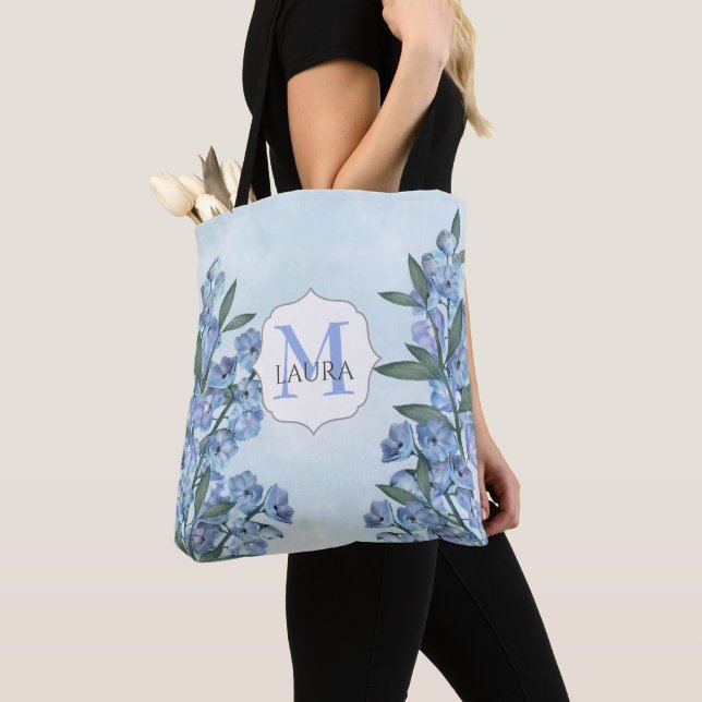 Blue Custom Monogram Floral Botanical Elegant Tote Bag (Close Up)