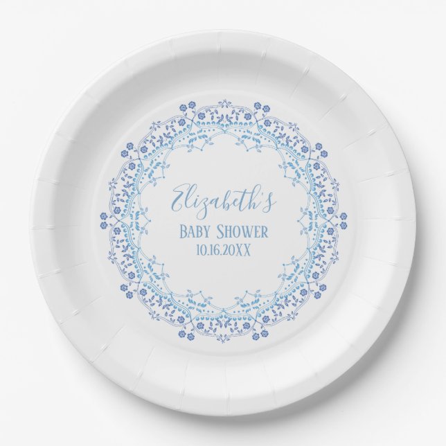 Blue Custom Monogram Simple Floral Elegant Paper Plate (Front)