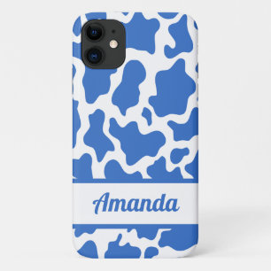 Blue Custom Name Cow Print Pattern iPhone 11 Case