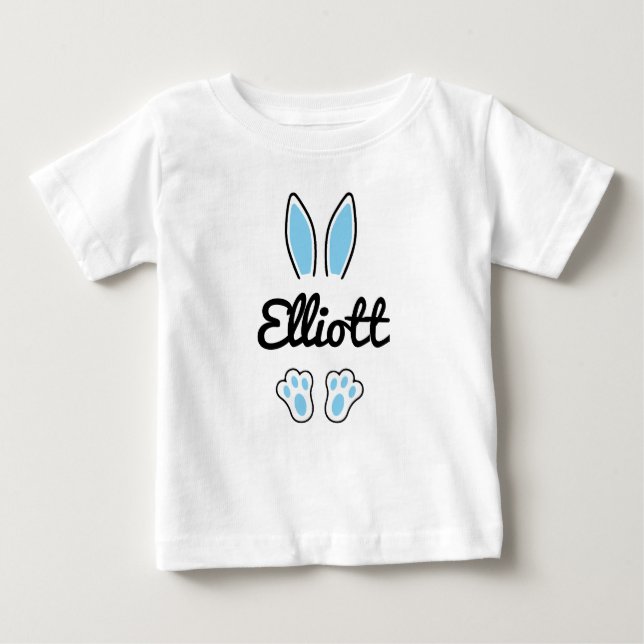 Blue Custom Name Easter Bunny Ears Feet Baby T-Shirt (Front)