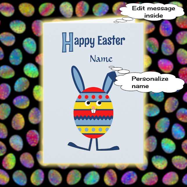 Blue custom name Easter egg bunny Holiday Card (Creator Uploaded)