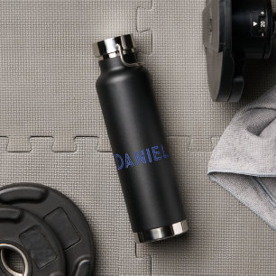 Blue custom name on black water bottle