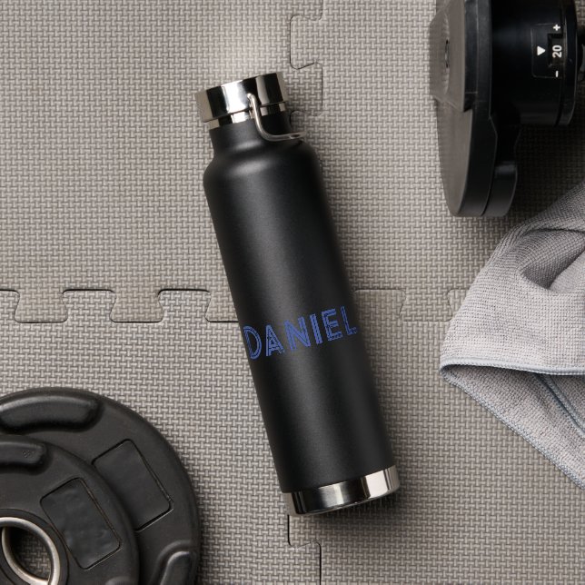 Blue custom name on black water bottle (Gym)