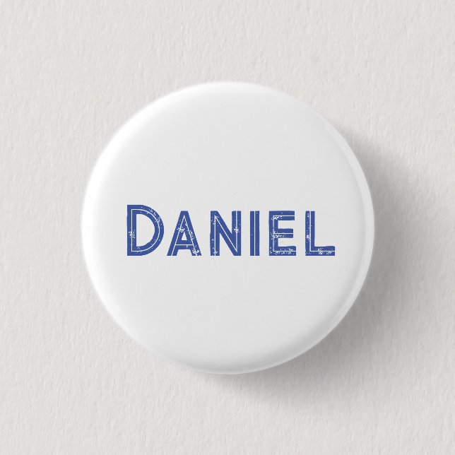 Blue custom name on white 3 cm round badge (Front)