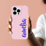 Blue custom name script pink Case-Mate iPhone 14 pro max case<br><div class="desc">Pink phone cover featuring your name in blue in a script font.</div>