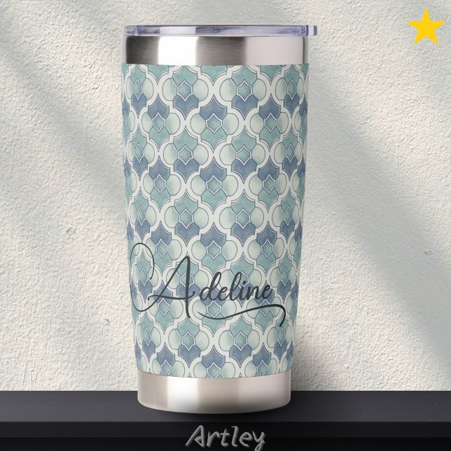 Blue Custom Name Watercolor Geometric Pattern  Insulated Tumbler (Creator Uploaded)