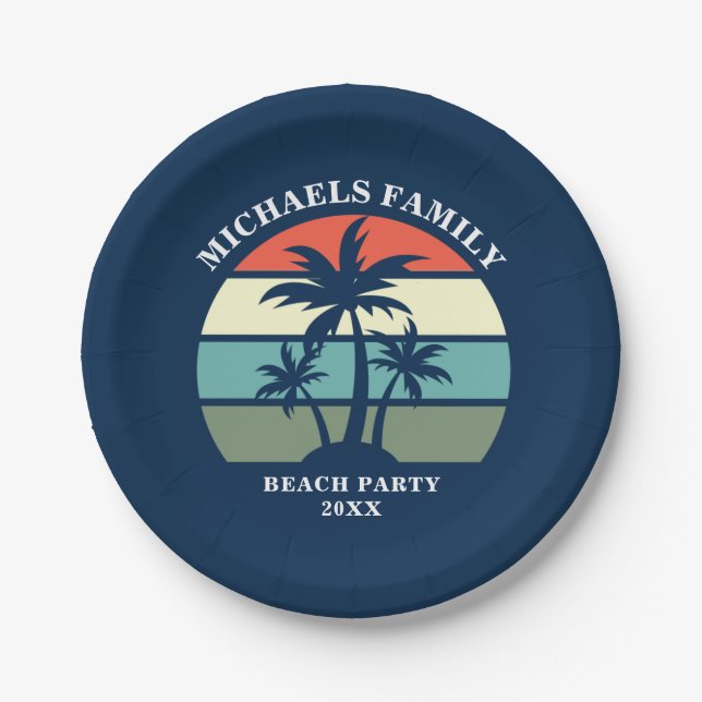 Blue Custom Palm Tree Sunset Tropical Beach Party Paper Plate (Front)