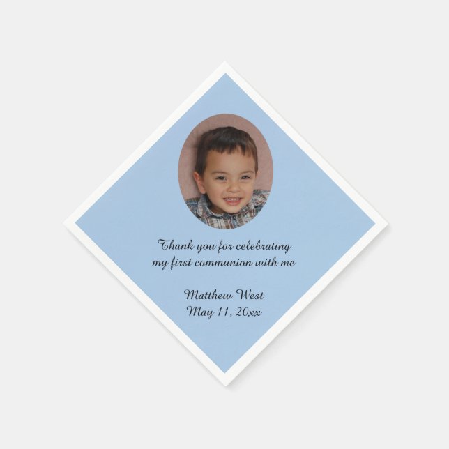 Blue Custom Personalised Communion Photo Napkins (Corner)