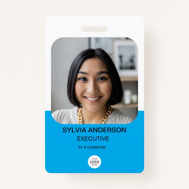 Blue Custom Photo Employee ID Logo QR Code ID Badge (Front)