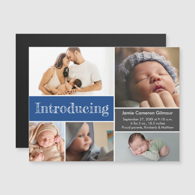Blue Custom Photos Introducing Baby boy  Magnetic Invitation (Front/Back)