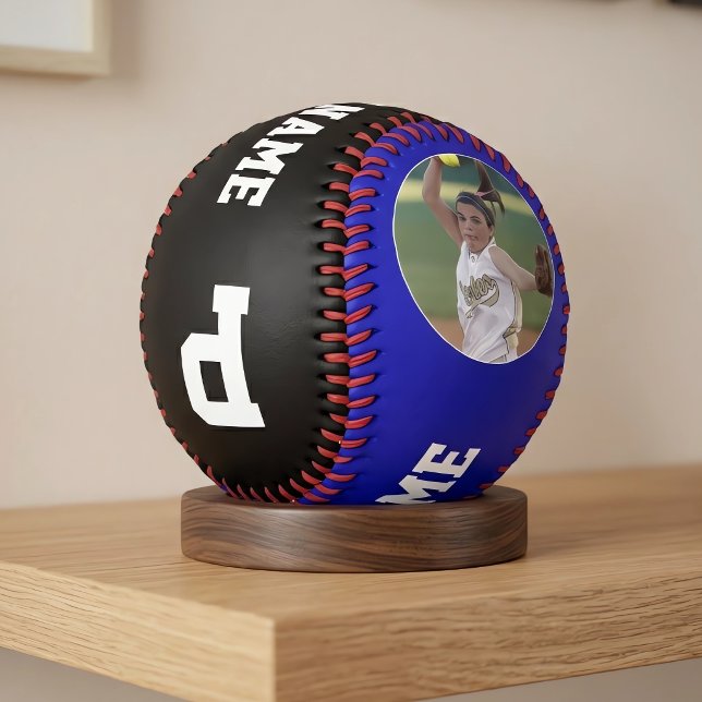 Blue Custom Softball Player Photo Name Number (Custom photo and text softballs for fastpitch softball players with blue team colors.)
