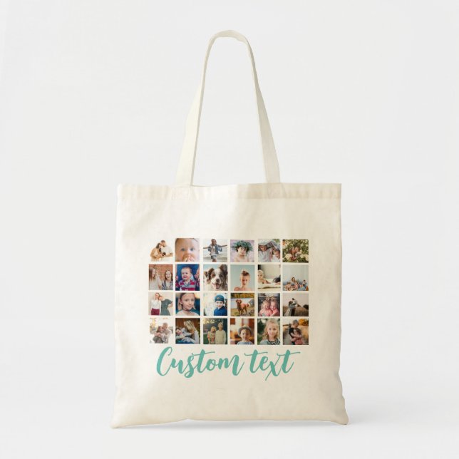 Blue custom text photo grid collage Tote Bag (Front)