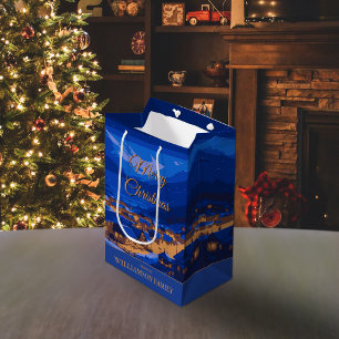 Blue Custom Winter Village Christmas Medium Gift Bag
