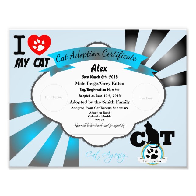 Blue Customisable Cat Adoption Certificate Photo Print (Front)