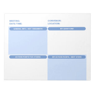 Blue Customisable Four Part MEETING NOTES Notepad