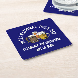 Blue Customisable International Beer Day Square Paper Coaster