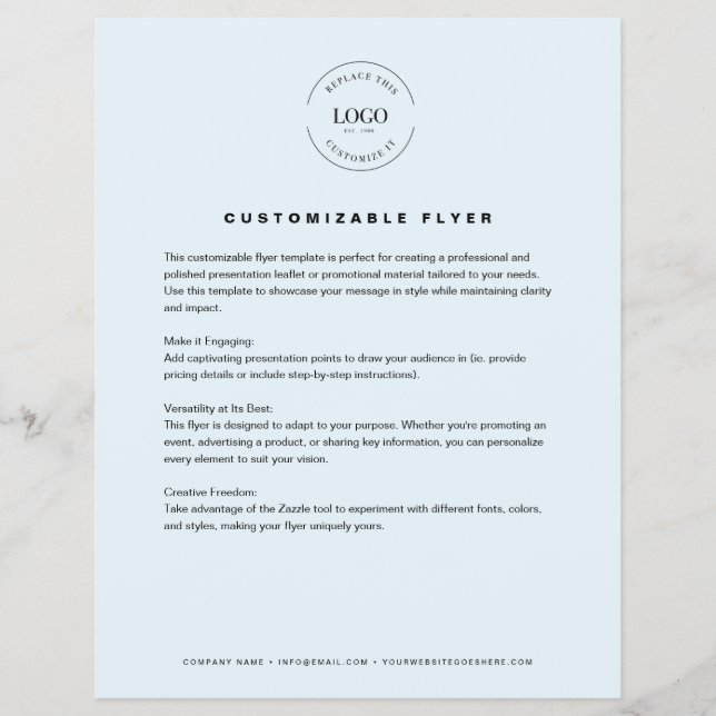 BLUE Customisable logo text contact info business Flyer (Front)