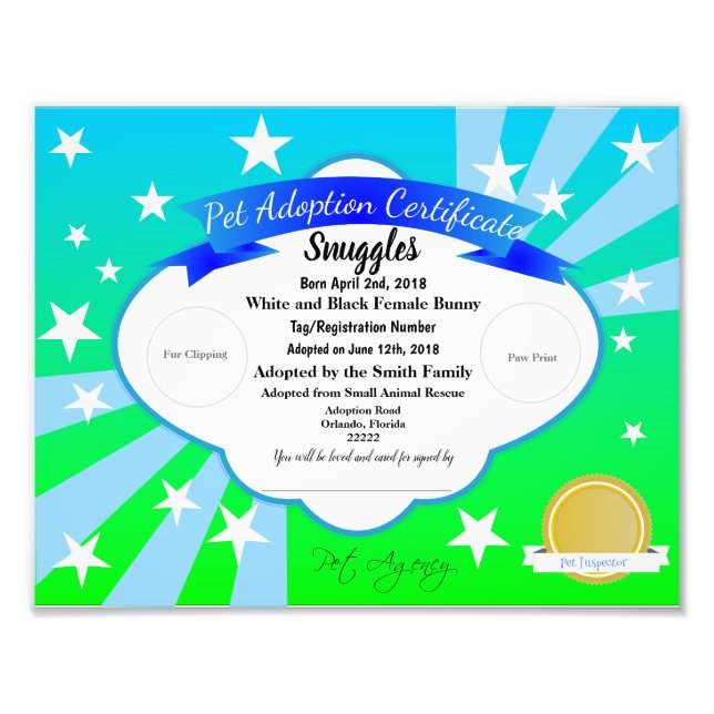 Blue Customisable Pet Adoption Certificate Photo Print (Front)