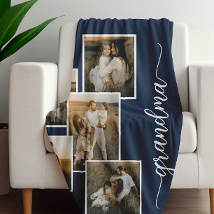 Blue Customised Grandma Grandkid 5 Photo Collage Fleece Blanket