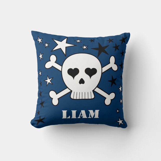 Blue Customizable Cute Crossbone Skull and Stars Cushion (Front)