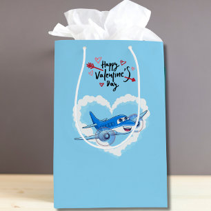 Blue Cute Aeroplane & Clouds, Kids Valentine's Day Medium Gift Bag