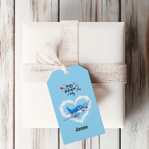 Blue Cute Airplane & Clouds, Kids Valentine's Day Gift Tags