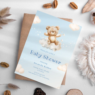 Blue Cute Baby Bear Baby Shower Invitation