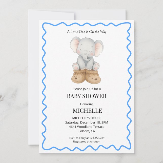 Blue Cute Baby Elephant Baby Shower Invitation  (Front)
